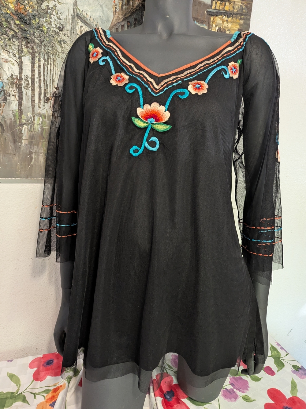 Nique Black Sheer Tunic Dress with Multicolor Floral Embroidery